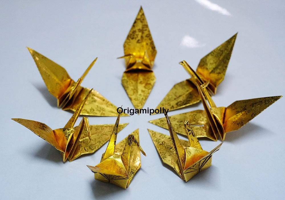 100 Grullas de papel de origami - Papel de aluminio dorado - 15 cm (6 pulgadas) - Pájaro grande con patrón - para decoración de bodas, regalo de aniversario, telón de fondo