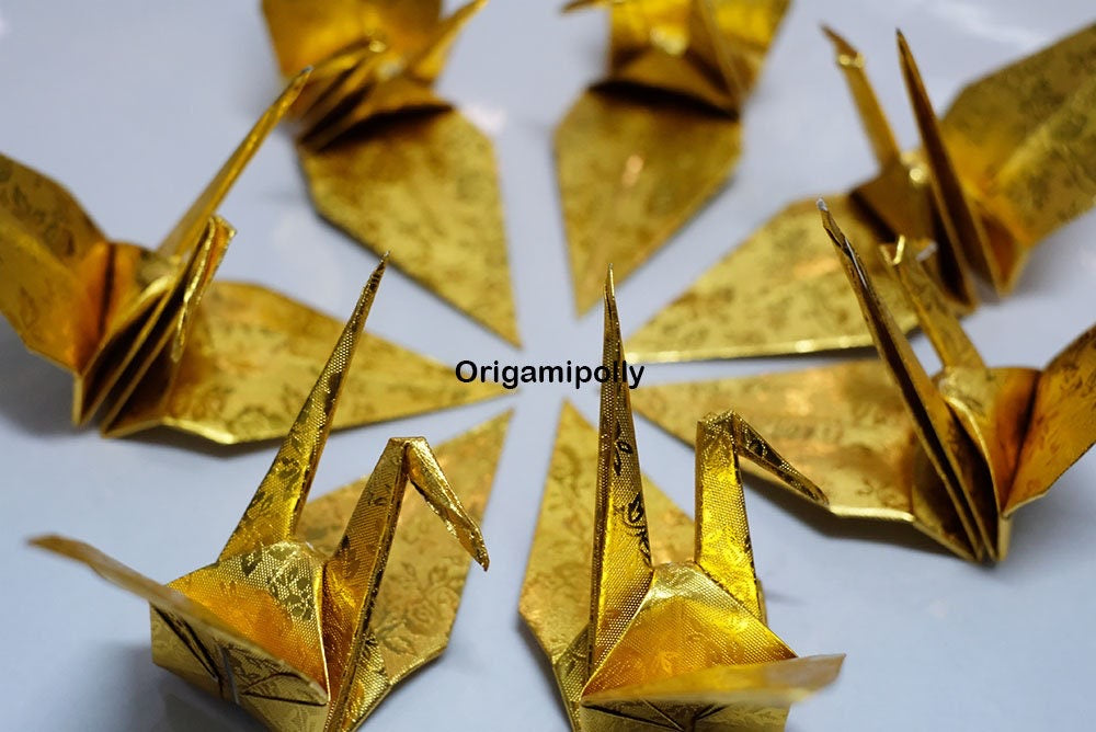 100 Origami Paper Crane Foil Gold 15 cm (6 inches) Large Bird with Pattern for Wedding Decor, Anniversary Gift, Backdrop