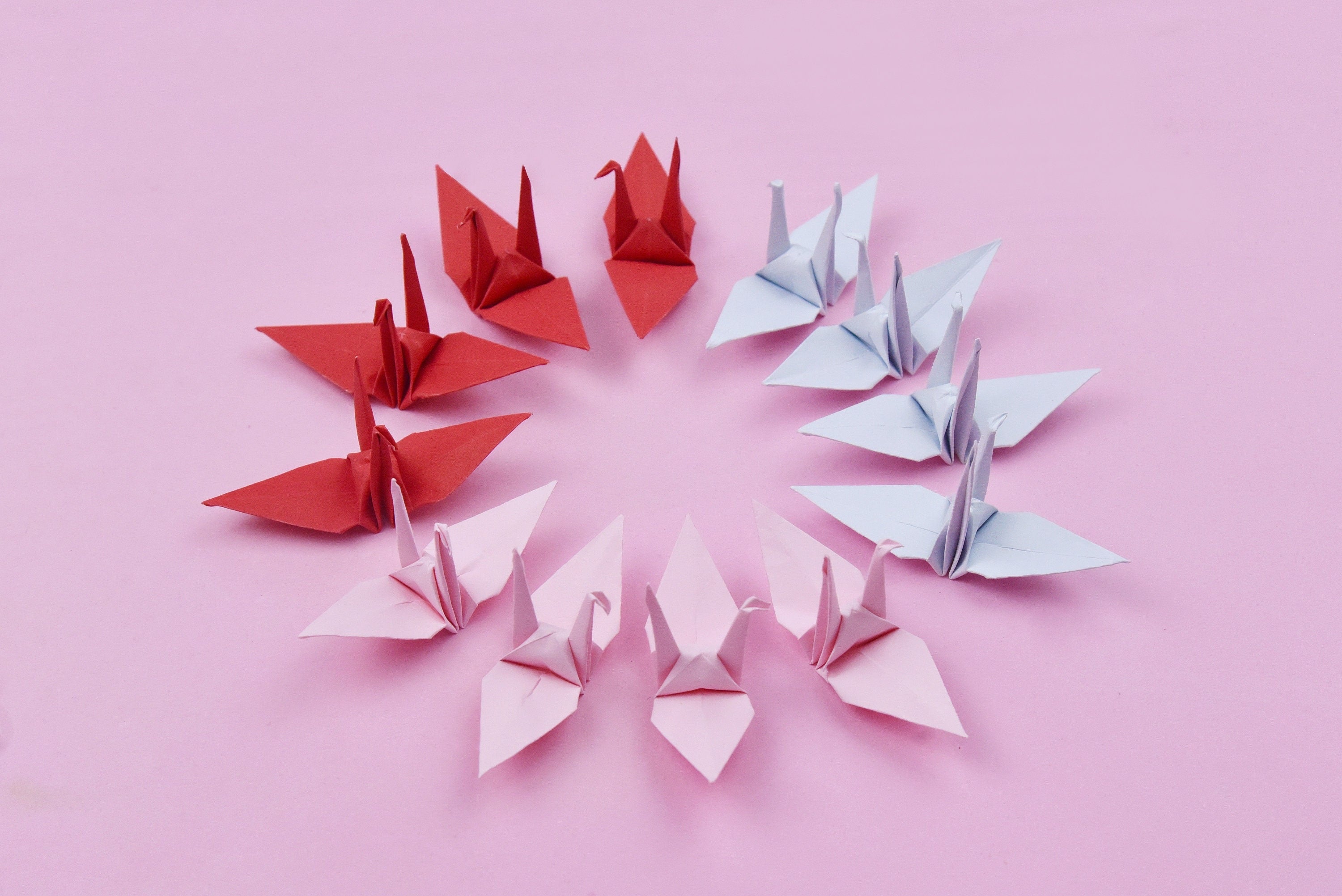 100 Origami Paper Crane Pink Red Shade 3x3 inches Handmade Folding for Wedding Decoration, Japanese Wedding, Valentines