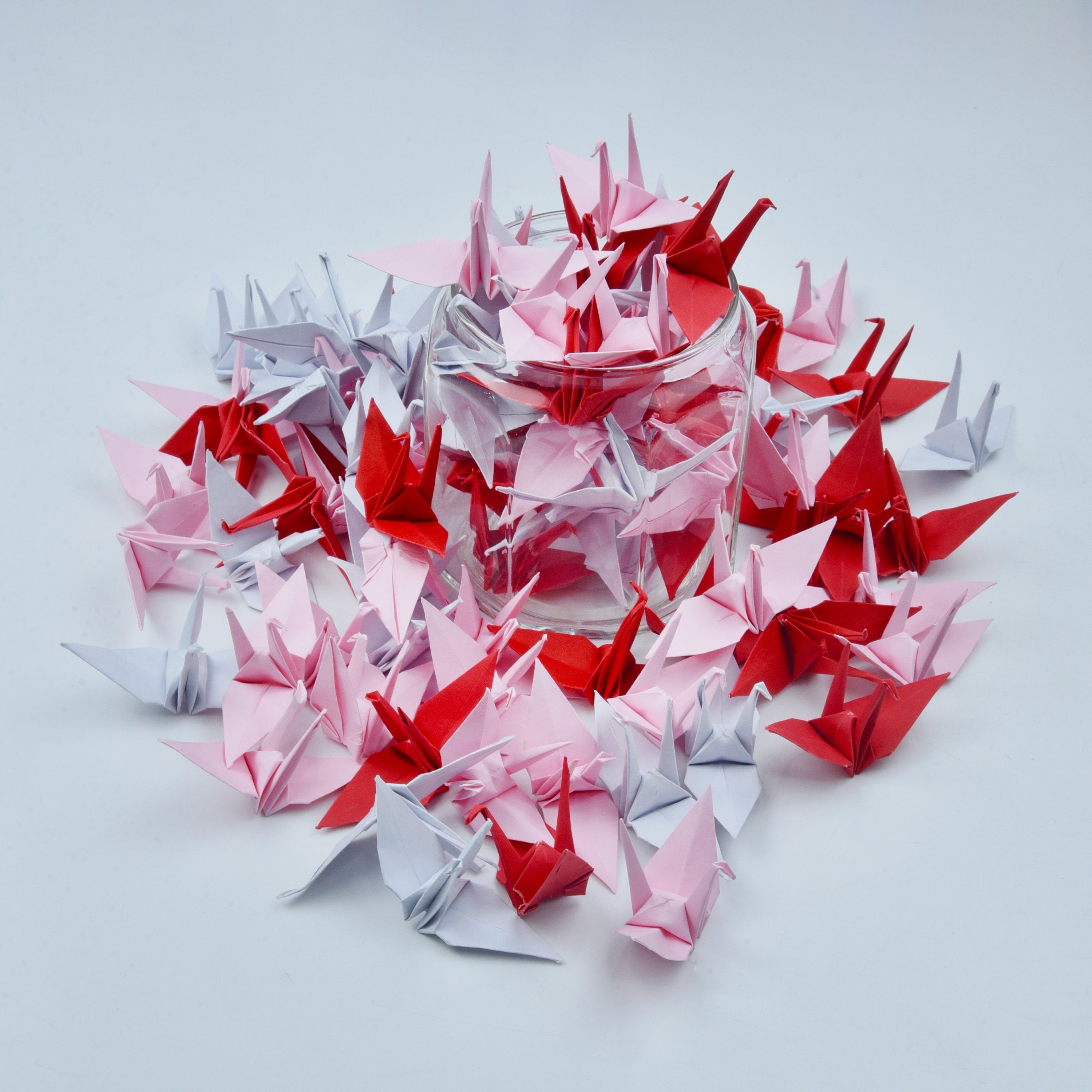 100 Origami Paper Crane Pink Red Shade 3x3 inches Handmade Folding for Wedding Decoration, Japanese Wedding, Valentines